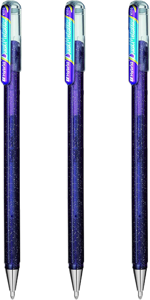 Pentel Hybrid - Dual Metallic - Liquid Gel Rollerball Pens - K110 - Violet & Metallic Blue Ink - Pack of 3...