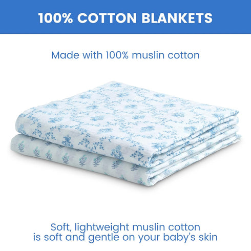 Delta Children 100% Cotton Muslin Baby Receiving Blankets for Girls and Boys – 47x47 Inches (Pack of 2), Blue Botanicals...