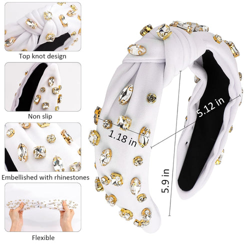 White Knotted Headband with Rhinestone for Women, Jeweled Beaded Wide Top Knot Headband Sparkly Crystal Bedazzled Embellished Head Bands for Women...