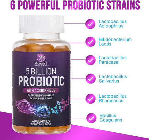 Nature’s Acidophilus Probiotics for Women & Men Gummies, 5 Billion CFU, 6 Strains, Daily Probiotic Supplement Gummy to Support Digestive Health, N...