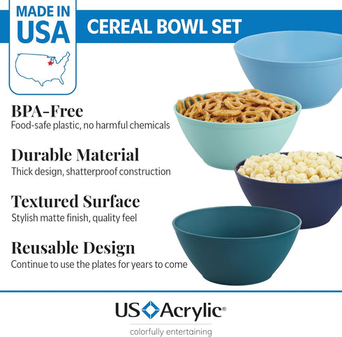 US Acrylic Unbreakable 28 oz. Plastic Stackable Cereal Bowls for Snacks & Ice Cream in Coastal Colors (Set of 8) 6-inch Reusable, BPA-Free, Made i...