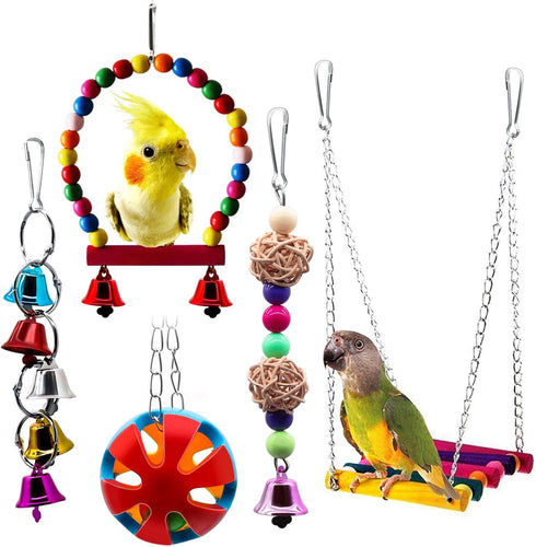 BWOGUE Bird Swing Toys with Bells Pet Parrot Cage Hammock Hanging Toy Perch for Budgie Love Birds Conures Small Parakeet Finches Cockatiels (5 Pac...