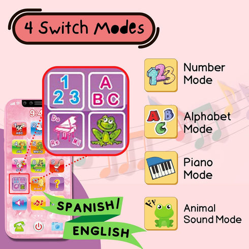 Baby Phone Toy English & Spanish Learning for Toddlers 1 2 3 Years Old, Learn Spanish ABC Numbers Animal Sounds, Interactive Bilingual Cellphone T...
