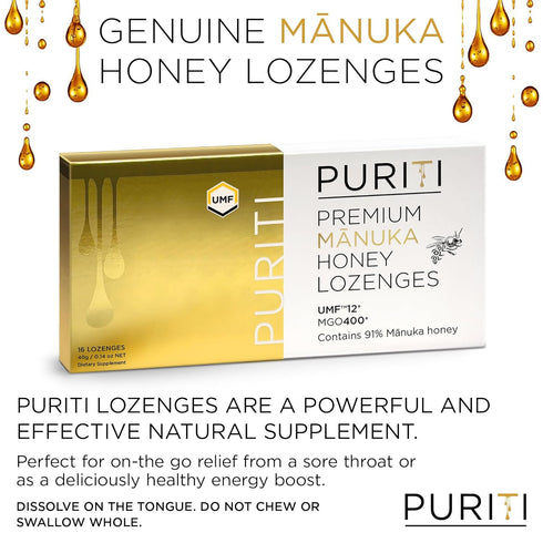 PURITI Premium Manuka Honey Lozenges High Potency - Sugar Free Drops | Genuine New Zealand Raw Manuka Honey Soothers for Coughs & Sore Throats | U...