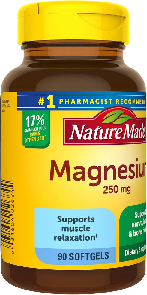 Nature Made Magnesium 250 mg, Magnesium Supplement for Muscle, Heart, Bone and Nerve Support, 90 Softgels, 90 Day Supply...