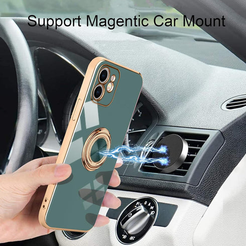 for iPhone 11 Phone Case with 360° Rotatable Finger Ring Holder Kickstand Magnetic Shiny Gold Plated Edge for Women Men Shockproof Soft TPU Protec...