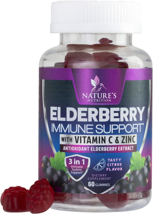 Immune Support Gummies - Powerful Sambucus Elderberry Gummies with Elderberry Extract, Zinc & Vitamin C Gummy, Max Potency Natural Vegan Immune Su...