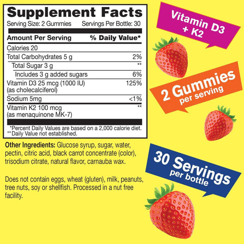 Vitamin D3 + K2 Gummies - Vitamin D3 1000 IU, K2 100 MCG - Bone and Muscle Health Support, Natural Flavors, GMO Free, Gluten Free, Vegan - K2 D3 V...