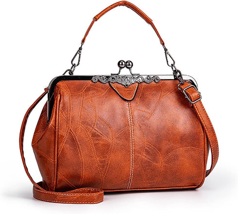 Women Vintage Hollow Handbag Oil Leather Shoulder Crossbody Bag Clutch Satchel Purse with Kiss Lock Closure...