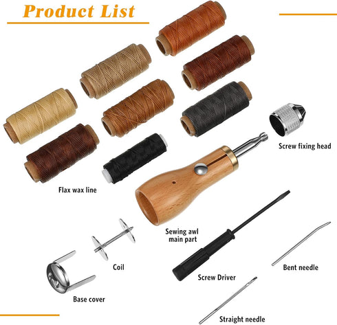 WILLBOND 12 Pcs Sewing Awl Kit Portable Leather Including Handheld Sewing Repair Awl Straight and Bent Needles and 8 Rolls Waxed Threads with Smal...
