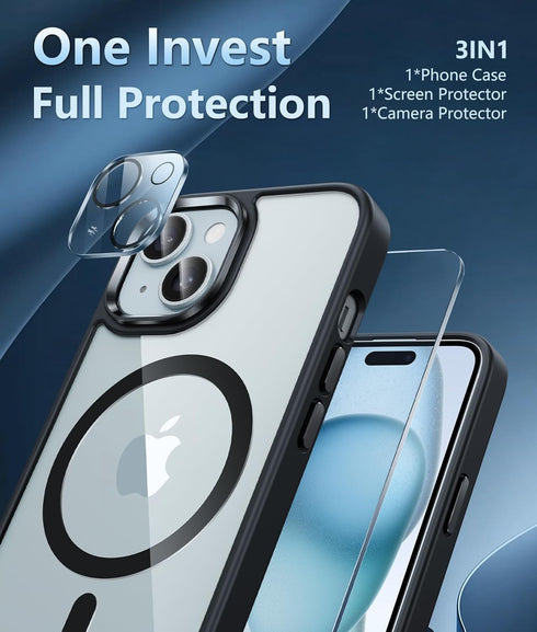 FNTCASE for iPhone 15-Plus Phone Case: Magnetic Clear Military Grade Shockproof Anti Yellowing Slim Phone Cover with Camera Lens Protector & Scree...