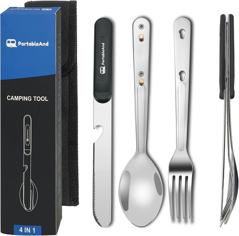 PortableAnd Travel Cutlery 3 PCS Camping Utensil Set with Spoon, Fork, Knife & Bottle Opener Best Gift for Travel, Outdoor Backpacking Flatware wi...