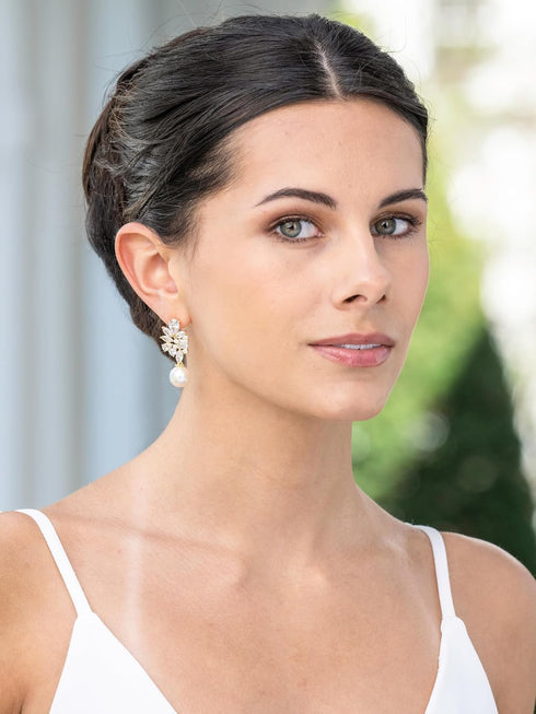 Mariell Gold Pearl Drop Bridal Earrings with CZ Crystal, Statement Jewelry for Bride, Mother of the Bride...