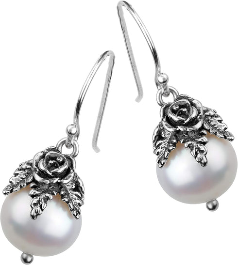 Paz Creations Sterling Silver Dangle Pearl Earrings with Floral Caps - Real Freshwater Ball-Shaped White Pearls - Elegant Drop Earrings Set - Clas...