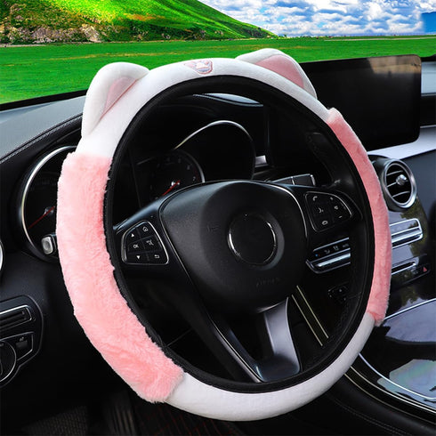Car Steering Wheel Cover, Fluffy Soft Plush for Winter Warm, Cute Steering Wheel Protector with Kitty Cat Ears, Universal 15 Inch, Elastic & Anti-...
