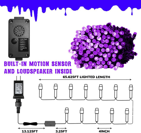 PEIDUO Halloween Decorations Outdoor, 82 FT 200 LED Purple String Lights, Motion Sensor Controller Sync with Spooky Music, Twinkle Fairy Lights fo...