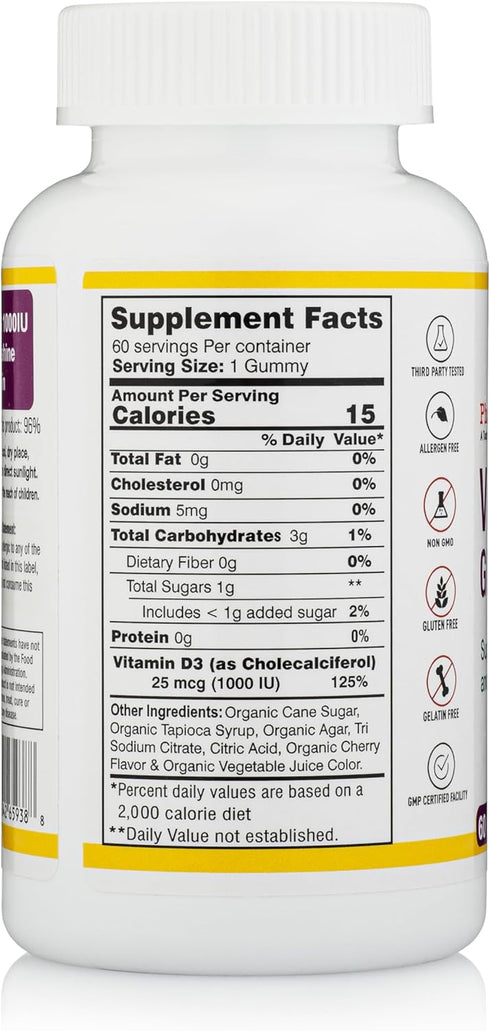 Organic Vitamin D3 Gummy Bears - Tasty, Gelatin-Free, Vegetarian Way to take Your Sunshine Vitamin (60 Count)...