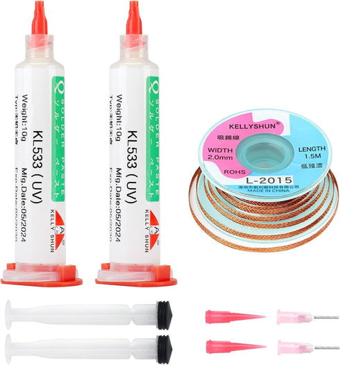 No Clean Soldering Flux Paste & Solder Wick,10ML Solder Flux (2 Piece),1500MM Solder Wick Braid With Flux (1 Piece) 0.08 Inch Desoldering Wick...