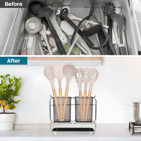 Utensil Holder for Kitchen Counter, Plastic Cooking Utensil Organizer with Drain Tray, Large Utensil Crock for Spatula Spoon, Morden Kitchen Decor...