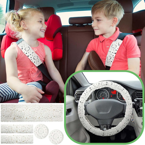 5 Pcs Crochet Steering Wheel Cover with 2 Crochet Belt Covers 2 Pcs Crochet Car Mats 1 Pcs Sunflower Steering Wheel Cover Handmade Crochet Flower ...
