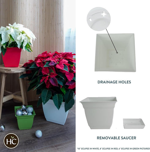 The HC Companies 12 Inch Eclipse Square Planter with Saucer – Indoor Outdoor Plant Pot for Flowers Vegetables Herbs, White...