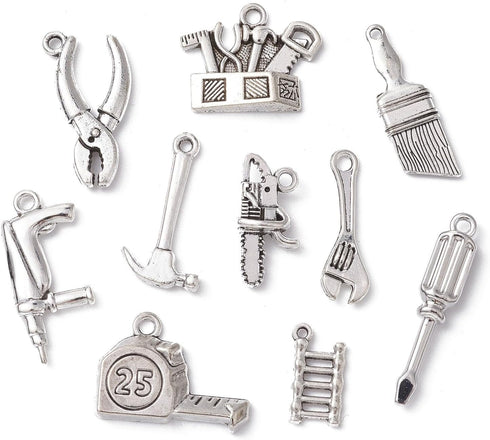 Ipotkitt 50 Pcs 10 Styles Vintage Alloy Construction Tool Charms Antique Silver Screwdriver Pliers Wrench Hammer Charms for Jewelry and Craft Maki...