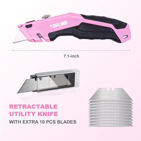 TOPLINE Retractable Pink Utility Knife, Retractable Pink Box Cutter, Blade Storage Design, 18-Piece SK5 Blades and a Dispenser Included (1 PACK(PI...