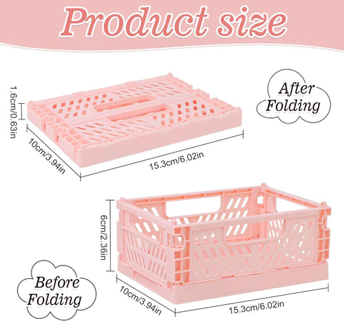 4-Pack Pink Plastic Storage Crate Small Baskets for Organizing Collapsible Storage Crates for Desk Organizers,Stackable Cute Storage Bins for Clas...