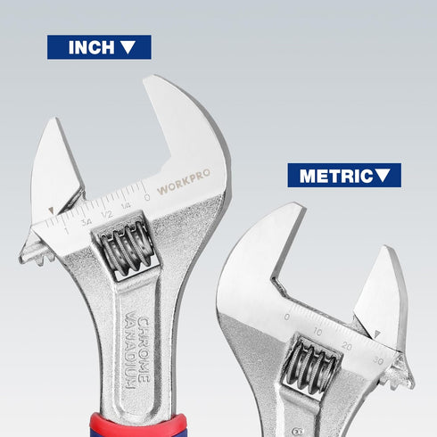 WORKPRO 8-inch Adjustable Wrench, Wide Jaw Opening Wrench with Rubber Anti-slip grip, Metric/SAE Scales, Premium Cr-V Steel, Chrome Plated...