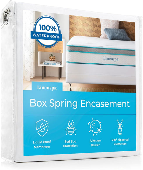 LINENSPA Box Spring Encasement – Twin XL Size Box Spring Cover – Zippered and Waterproof Protector, Complete Protection – White...