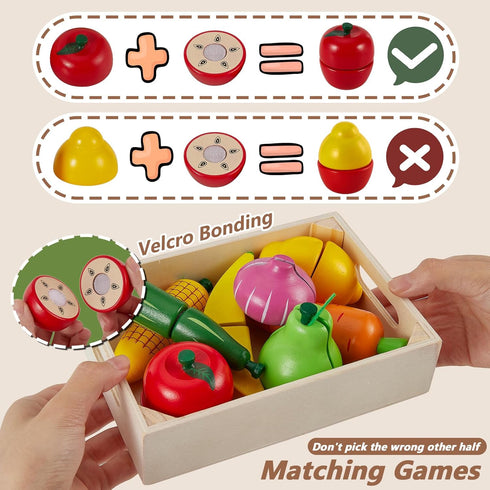 HERSITY Wooden Play Food Set Cutting Fruits and Veggies Toys for Toddlers 1-3, Pretend Play Kitchen Accessories Montessori Educational Toys for Ki...