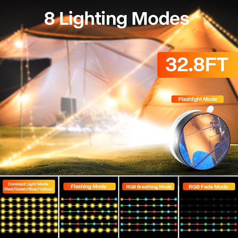 ONXE Camping String Lights, 32.8FT Rechargeable Waterproof LED Tent Lights for Camping Hanging Outdoor Garden Party Festival Decor...