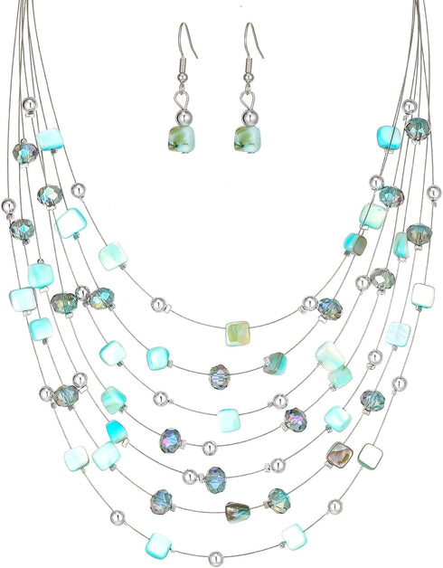 Multi-Layer Boho Shell Beaded Necklace for Women Colorful Crystal Strand with Silver Beads Statement Collars Necklace and Earrings Costumes Jewelr...