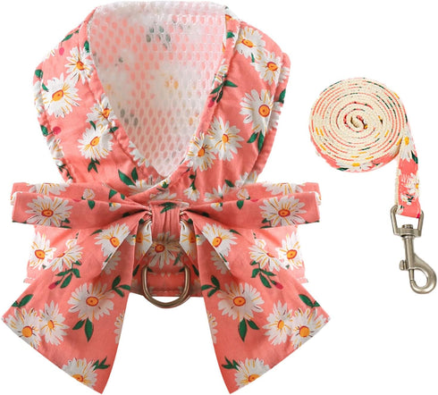 Dog Harness and Leash Set with Bow Knot No Pull Pet Daisy Floral Harness with D-Ring Soft Mesh Dog Harness Vest Set Escape Proof Princess Puppy Ha...