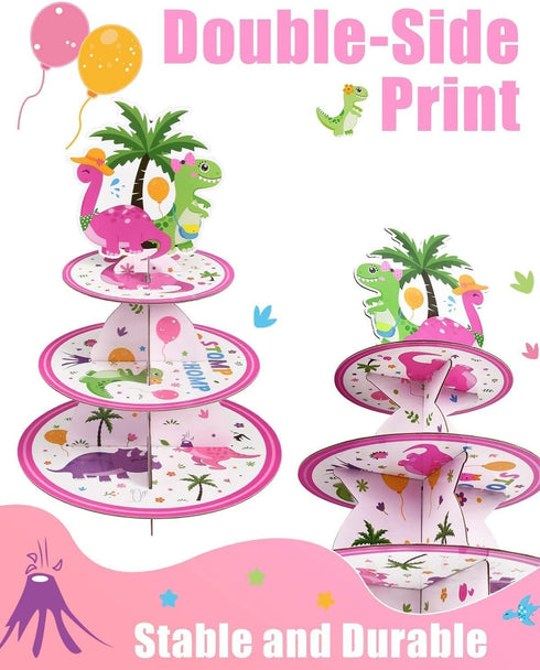 WERNNSAI Dinosaur Cupcake Stand - 3-Tier Pink Dinosaur Birthday Party Decorations for Girls Cardboard Dino Cupcake Holder Dessert Tower Round Serv...