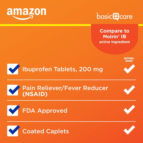 Amazon Basic Care Ibuprofen Tablets, 200 mg, Pain Reliever and Fever Reducer, For Arthritis, Toothache, Backache and More, 100 Count...