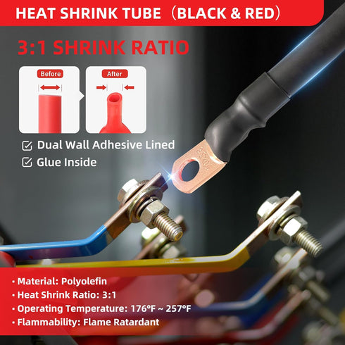 RED WOLF 1/0 AWG - 5/16" Battery Cable End Copper Wire Ring Terminal Connector Lug w/3:1 Ratio Heat Shrink Tubing Black Red, 16 PCS Marine Grade R...