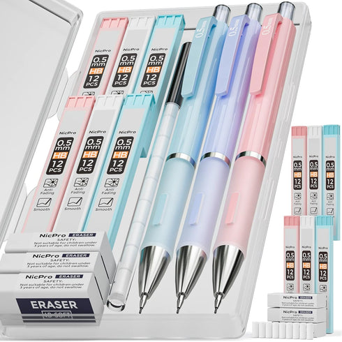 Nicpro 3PCS Pastel Mechanical Pencil Set, 0.5 Mechanical Pencils with 6 Tube HB Lead 0.5mm, 3 Eraser and 9 Eraser Refill & Case, Aesthetic School ...