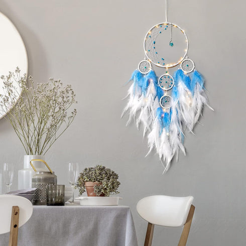 KHOYIME LED Light Up Dream Catcher Half Circle Moon Decor with Lights Handmade Feather Dreamcatchers for Bedroom Bohemian Home Decor Wedding Ornam...