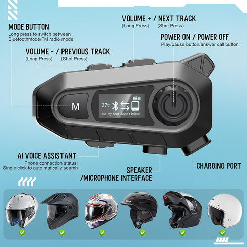 Motorcycle Bluetooth 5.4 Headset with LCD Screen,Motorcycle Helmet Speakers with 2 Mic,3D Stereo Sound,48h Music&FM,Noise Reduction and Waterproof...