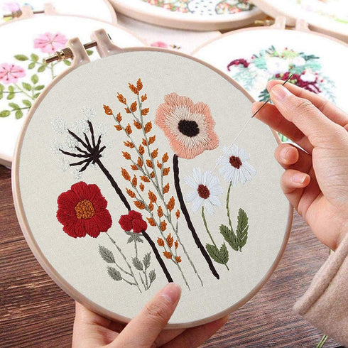 Uphome 3 Pack Embroidery Starter Kit for Beginners Stamped Cross Stitch Kits with Cute Flowers and Plants Patterns with 1 Embroidery Hoop and Colo...