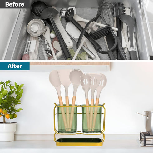 Utensil Holder for Kitchen Countertop, Plastic Utensil Organizer with Drain Tray, Wall Mounted Large Utensil Crock for Spatula Spoon, Morden Kitch...