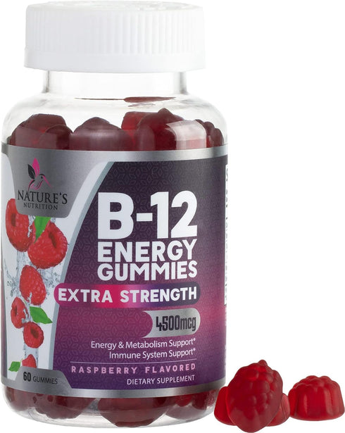 Vitamin B12 Energy Gummies - Extra Strength 4500 mcg Energy Chews for Metabolism & Nervous System Health Support, B-12 Gummy Chewable Supplement f...