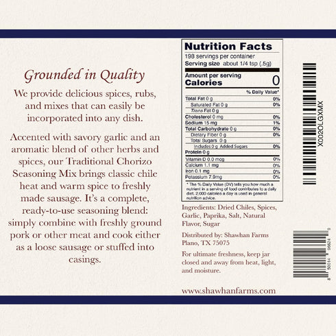Shawhan Farms Traditional Chorizo Seasoning - Non-GMO - Naturally Gluten Free - Great for Mild Sausage Seasoning - 3.5 Ounce Bottle...