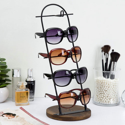 MyGift 5 Tier Black Metal Sunglasses Display Stand Rack Jewelry Organizer Holder for Sunglasses, Eyewear, Glasses with Round Burnt Wood Base...
