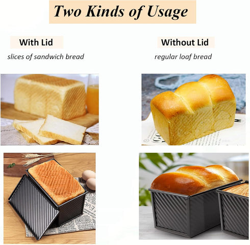 Loaf Pan Pullman Bread Pan with Lid, 1 lb Dough Capacity Non-Stick Toast Box Mold, Rectangular Loaf Baking Pan Carbon Steel Corrugated Bakeware wi...