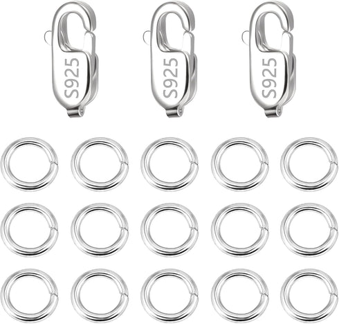 925 Sterling Silver Jewelry Making Lobster Claw 10mm, 23PCS Italian Rectangle Trigger Clasps with Open Jump Rings Set, Small Necklaces Bracelet Co...