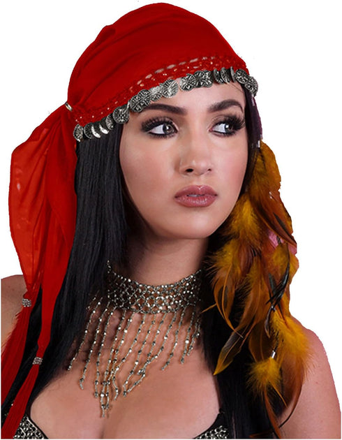 Gypsy Head Scarf with Coins (Red/Silver)...