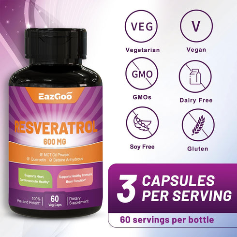 Resveratrol 600 mg, Trans-Resveratrol Supplement, Antioxidant Health Aging Support...