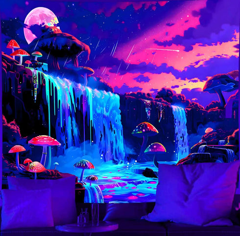 Algasan Blacklight Mushroom Waterfall Tapestry Black Light Nature Tapestry Landscape Tapestry Forest Starry Night Fantasy Wall Hanging Tapestries ...